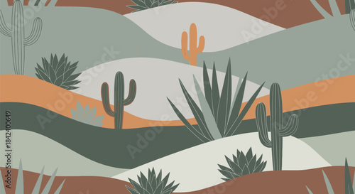 Flat design illustration showcasing desert landscape with cacti and succulents