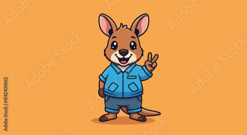 Cartoon kangaroo with blue shirt and shorts giving a peace sign on a peach background