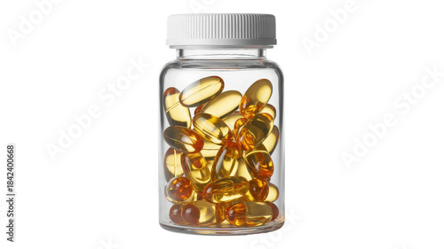 Bottle of omega 3 fish oil capsules isolated on transparent background