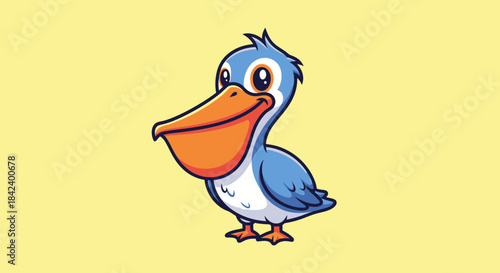 Cartoon pelican with blue feathers, orange beak and feet, smiling on yellow background