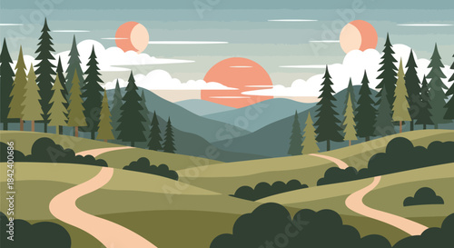 Stylized landscape with trees, paths, and mountains under a pastel sky with two suns