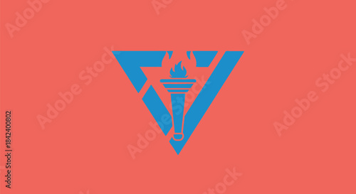 Blue torch within fractured triangle on coral background