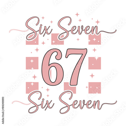 Pink leopard and checkerboard 67 Six Seven birthday design with bold animal print number 6, checkered pattern number 7, bow, stars and checkered border