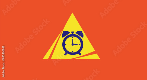 A yellow triangle with a blue alarm clock, set against an orange background