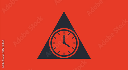 A clock face, set at 4 o'clock, is contained within a dark triangle against a red background