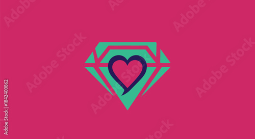 A diamond shape with a heart inside, all on a red-pink background