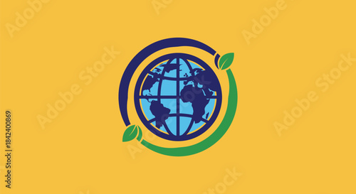 A globe surrounded by a ring and leaves, on a yellow background
