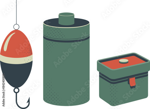 Fishing gear illustration set, bobber lure with hook, bait bucket, storage container, minimalist outdoor equipment design, cartoon fishing accessories