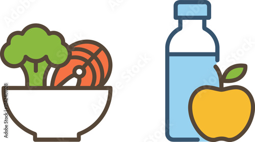 Healthy food icons, salad bowl with vegetables and salmon, water bottle with apple, clean eating illustration, nutrition symbols, minimalist vector design