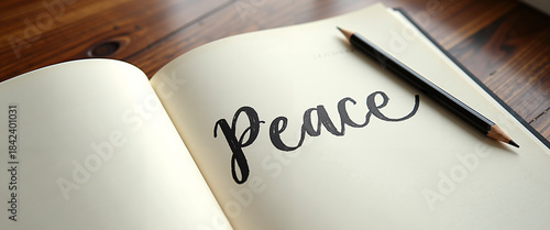 Open notebook with the word 'Peace' written and a pencil on top  