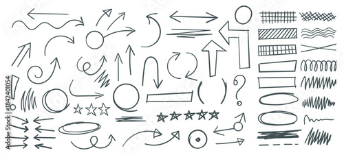 Hand Drawn Charcoal Pencil Arrows and Scribble Circle Boxes - Vector Texture Design Elements with Curved Chalk Darts and Crayon Check Lines