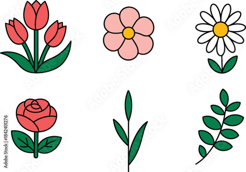 Minimalist flower illustration set, cute botanical clipart, spring floral elements, hand drawn wildflowers, simple vector plants, decorative garden graphics