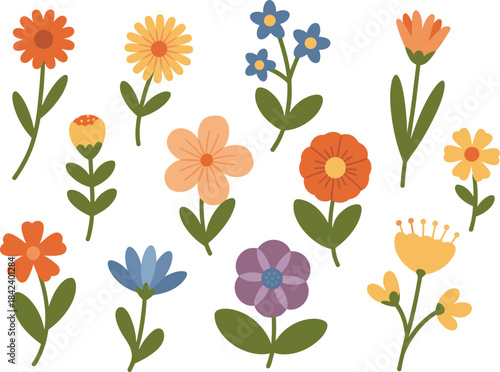 Minimalist flower illustration set, cute botanical clipart, spring floral elements, hand drawn wildflowers, simple vector plants, decorative garden graphics