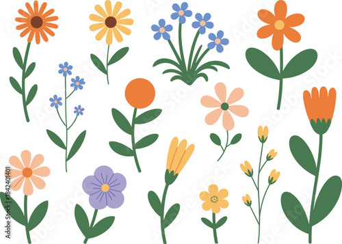 Minimalist flower illustration set, cute botanical clipart, spring floral elements, hand drawn wildflowers, simple vector plants, decorative garden graphics