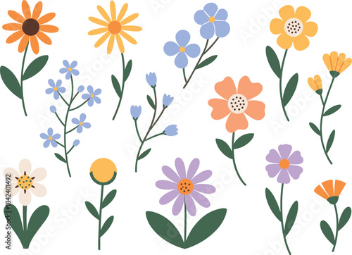 Minimalist flower illustration set, cute botanical clipart, spring floral elements, hand drawn wildflowers, simple vector plants, decorative garden graphics