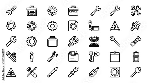 A clean collection of symbols for equipment, troubleshooting, adjustments, and workshop operations.
