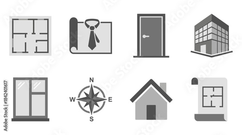 Minimalist monochrome set of architectural and interior design icons with a dark background