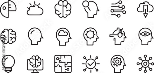 Vector set of artificial intelligence and machine learning line icons illustrating brain data and innovation concepts for digital technology and business applications