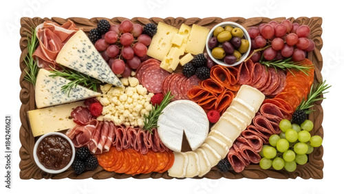 Canvas Print Gourmet charcuterie board with cheese, meats, grapes, and olives isolated on tra