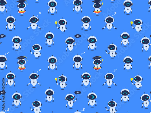 Flat style seamless pattern with robots. Vector illustration for web design, textile, backgrounds