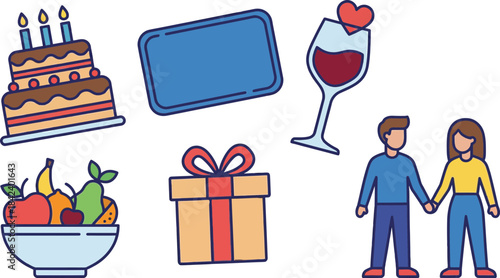 Celebration Event with Cake Wine Gift Box and Couple Holding Hands Minimalist Design