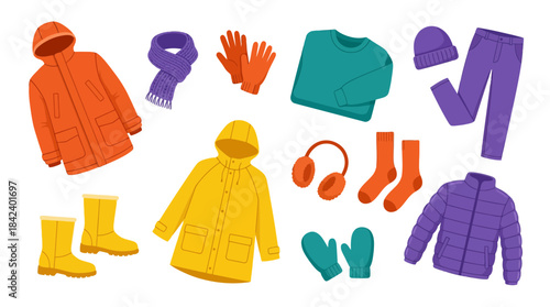 Colorful Illustration of Winter Clothing and Accessories on Transparent Background for Cold Weather Fashion and Outdoor Wear Display