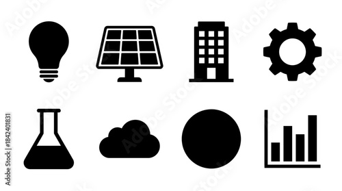 Minimalist scientific icons set featuring laboratory equipment and digital interfaces on transparent background