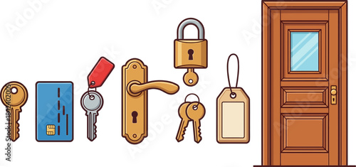 Digital illustration of various keys and locks arranged with a wooden door and keychain on a black background for security and access concepts
