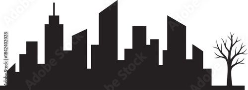 Silhouette of Urban Skyline with Trees in Nighttime Minimalist Design on Transparent Background