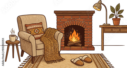 Cozy living room scene with armchair fireplace and warm accessories for relaxing ambiance