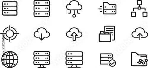 Set of minimalist data server and cloud computing icons featuring outline flat vector design elements for web and mobile applications isolated on white background