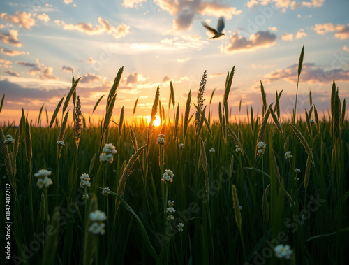 A bird flying over a field of tall grass and wildflowers during a colorful sunset