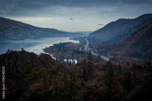 Beautiful view of the Columbia River in foggy autumn day in Oregon