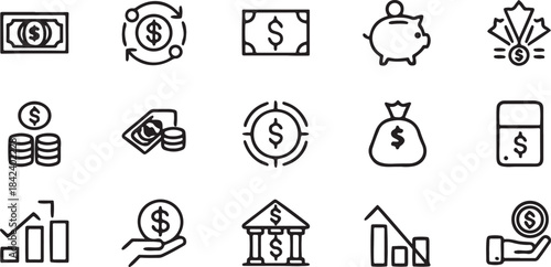 A comprehensive set of minimalist money and finance line icons featuring simple flat vector design elements for financial apps business concepts and investment strategies isolated on white background