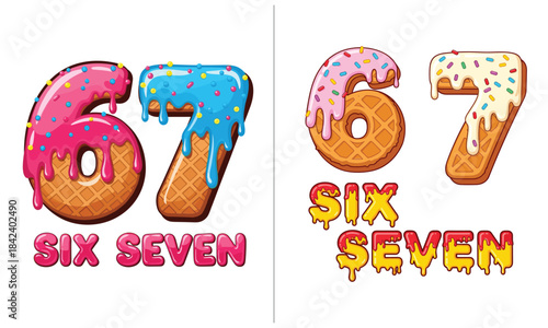 Colorful waffle ice cream 67 number design with melting frosting, sprinkles and dripping glaze, fun dessert themed sixty seven birthday typography for kids party t shirt