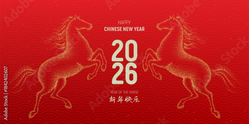 Chinese New Year 2026 banner. Vector card with dotted grainy horses on red background with traditional Chinese pattern. Golden gritty dotted horses. Hieroglyphics mean Happy New Year. 