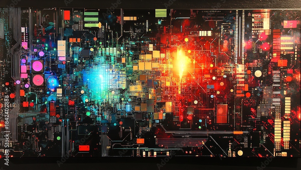 Fototapeta premium Vibrant abstract digital circuit board glowing with intense blue and fiery red light representing complex data processing and futuristic technology
