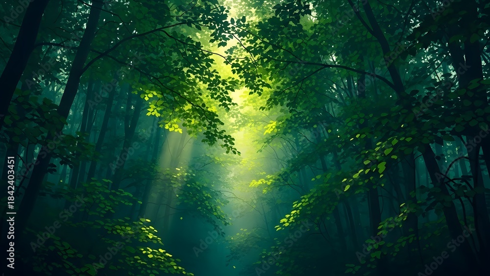 Obraz premium A magical forest scene where sunlight illuminates the dense woods and fog