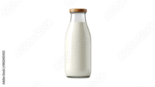Milk in classic glass bottle with wooden lid on transparent background illustration
