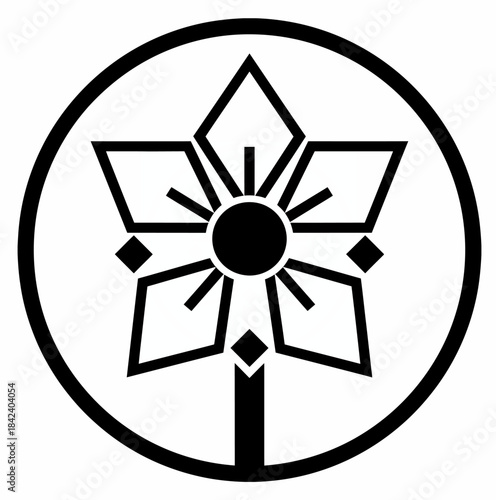 Black and white Japanese family crest (Kamon) featuring a stylized five-petal flower with a central sun-like motif and a circular border.