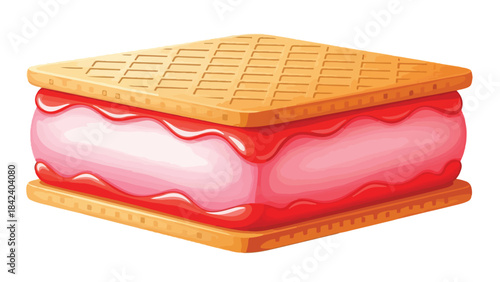 Illustration of a square ice cream sandwich with pink ice cream and red sauce on a white background.