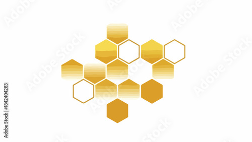 A graphic illustration of golden hexagons arranged in a honeycomb pattern on a white background with a metallic sheen and gradient effect.