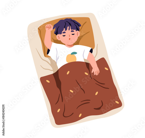 Kid sleeping in bed. Cute little boy lying on mattress under blanket, on pillow. Bedtime from top view. Child asleep at night, dreaming on back. Flat vector illustration isolated on white background