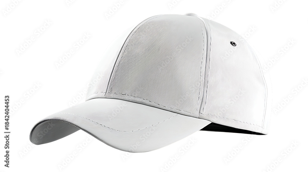 Fototapeta premium White baseball cap angled view with detailed stitching on transparent background isolated