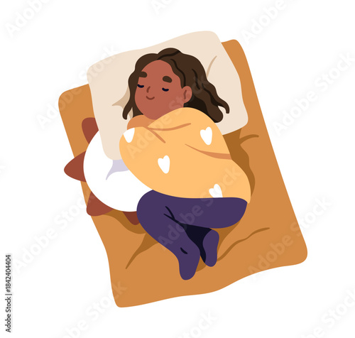 Sleeping girl in bed. Cute black kid curled up in fetal position on soft pillow, dreaming. Happy child asleep, lying in comfy cozy pose, top view. Flat vector illustration isolated on white background