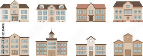 Cartoon school building illustration set, educational campus architecture, cute academic buildings, elementary and high school designs, learning institution clipart artwork