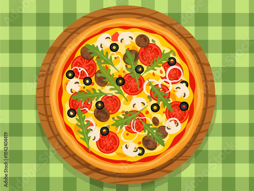 Resting on a green gingham cloth, this colorful vector pizza features fresh arugula, mushrooms, olives, and tomato slices arranged on a rustic wooden serving board