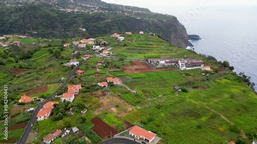 Drone aerial 4k video of Outskirts of Santana city in northern coast of Madeira Island, Portugal