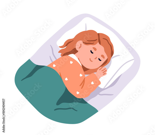 Sleeping girl lying on pillow in bed. Cute child asleep under blanket, resting, slumbering at night. Little kid dreaming, reposing, relaxing. Flat vector illustration isolated on white background