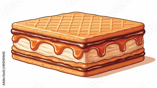 Illustration of a square cake with caramel topping on a white background, featuring a layered dessert with a waffle-like crust.